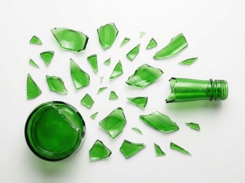 Broken green glass bottle shattered into many sharp pieces spread out on the floor isolated on white background