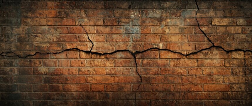 Rough vintage brick wall texture featuring prominent crack and generous copy space