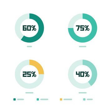 Geometric chart infographic kit, donut graphs showing 60, 75, 25 and 40 percent values, teal green color scheme