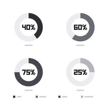 Startup chart infographic kit, donut graphs showing 40, 60, 75 and 25 percent values, monochrome gray color scheme