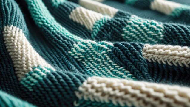This magnified image displays a colorful knit fabric in shades of green and white. The dense, uniform stitch pattern of the green area contrasts with the looser, more relaxed texture of the white.