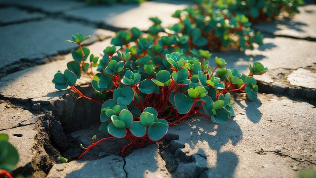 Spotted spurge, a dark green plant with red stems, grows low to the ground in a mat-like pattern in the cracks of outdoor cement flooring.
