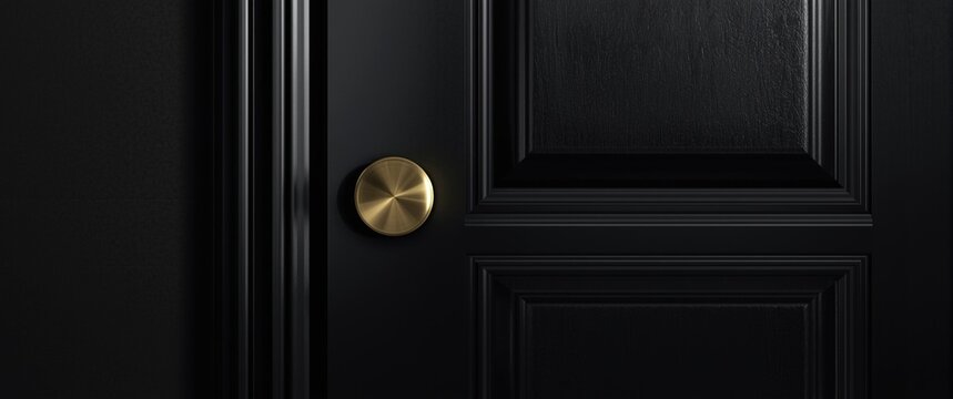 Black door with a brass doorknob against dark wall