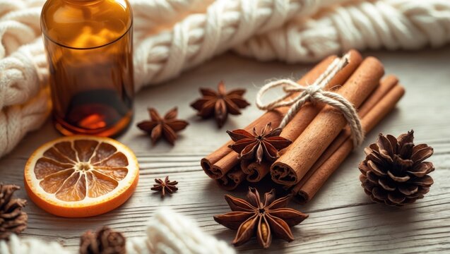 Winter home fragrances blend featuring essential oils, orange, cinnamon sticks, anise, fir, cones, woolen blanket, viewed from the top. Home spa treatment.