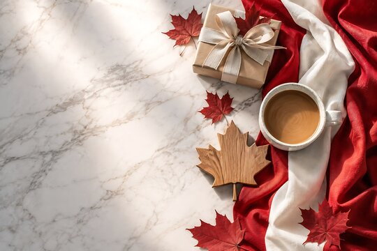 Canadian Flag Maple Leaves Gift Package And Coffee Cup On Marble Surface autumn autumnal canada celebration cozy decor fall giving