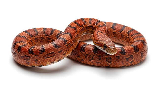 Corn snake coiled on a white background displaying reddish brown and black patterned scales animal biology boa coil creature detailed