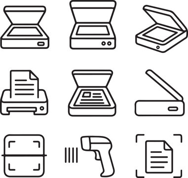 A collection of black and white line art icons depicting various scanners and document.