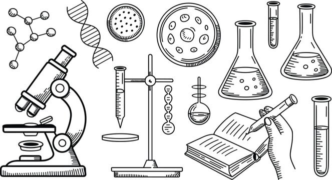 Hand drawn chemistry laboratory equipment set with microscope flasks test tubes dna structure and scientist writing notes