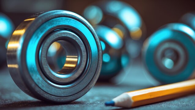 Three different ball bearings resting on a paper sheet. Heavy industry engineering company. Automotive design and manufacturing. Spare parts for machinery. Steel components for engine mechanisms.