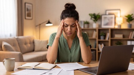 Obraz premium Woman with brown hair sitting at a desk, stressed while looking at paperwork and laptop in a cozy home office setting