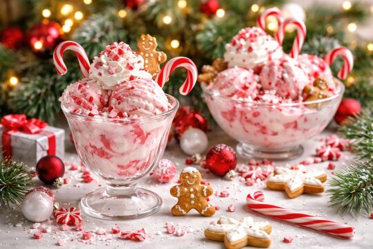 Festive Ice Cream Sundae with Candy Canes and Gingerbread Cookies on a Holiday Table