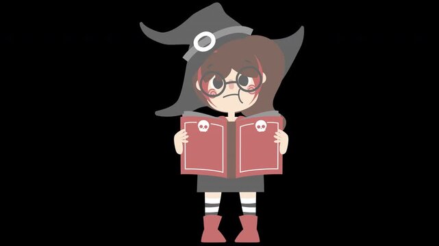 animated loop video happy halloween holiday festival with girl wearing witch costume reading magic book, overlay transparent prores 4444 4K