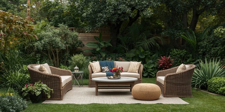 Cozy Outdoor Seating Area Surrounded by Lush Greenery in a Garden Setting