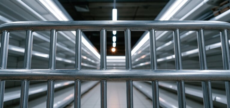 An empty supermarket aisle features barred shelves under low light, highlighting supply limitations and retail scarcity.