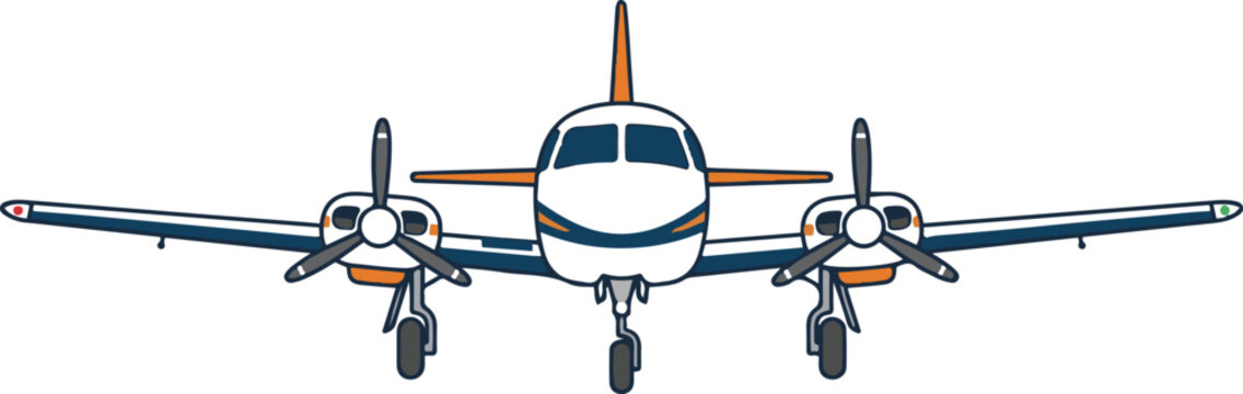 Front view of a modern twin-engine propeller aircraft vector illustration isolated on white background, ideal for aviation, transportation, travel, and aerospace design projects.