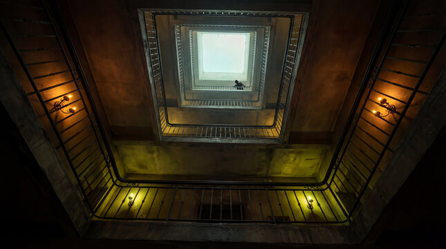 Captivating bottom up perspective inside a dark mysterious vintage square stairwell showing illuminated yellow wall lamp and metal railing toward a bright roof skylight window
