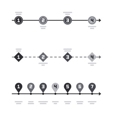 Professional timeline infographic kit, horizontal timeline bars with 4, 4 and 7 numbered nodes, monochrome gray color scheme