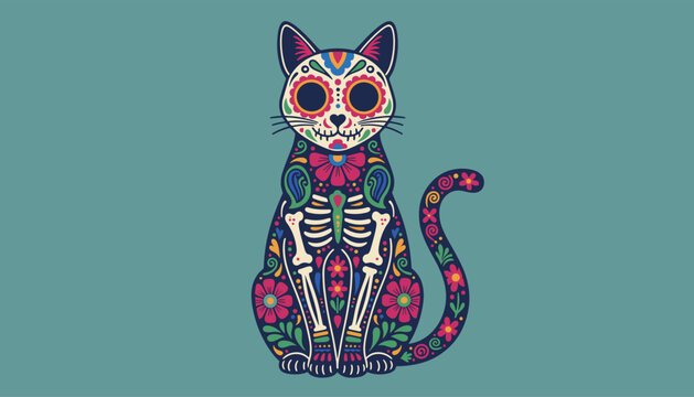 Vibrant Day of the Dead cat decorated with traditional Mexican sugar skull skeleton patterns on a teal backdrop.