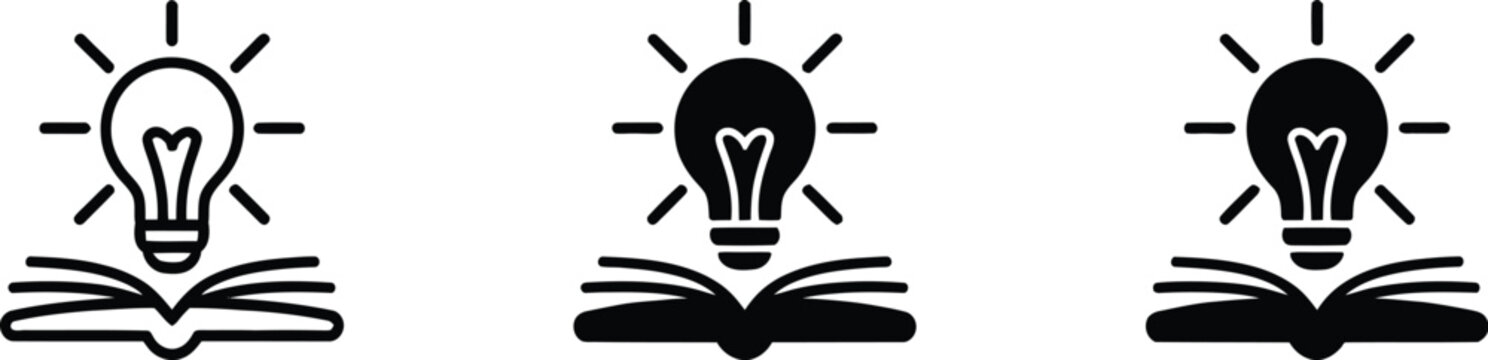 Idea and education book icons featuring light bulb symbols for creativity, learning, knowledge, and innovation concepts in vector style.
