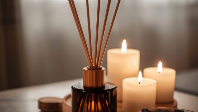Reed diffuser and candles on a table