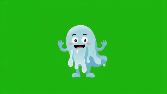 Cute cartoon ghost character waving happily on green screen background
