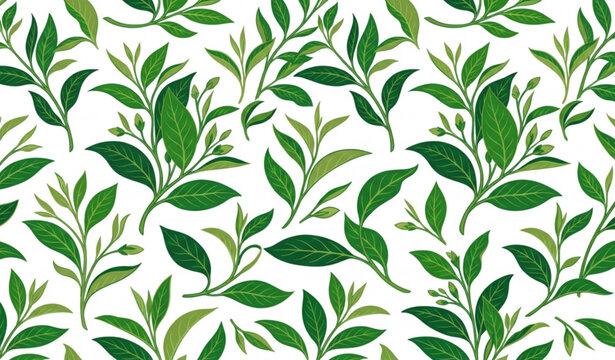 Premium green tea leaf seamless botanical vector pattern for packaging and surface design