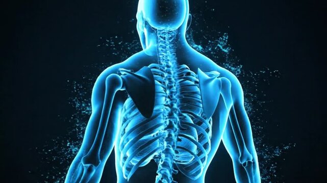 3d illustration of a human body with a glowing blue skeletal and internal organ structure
