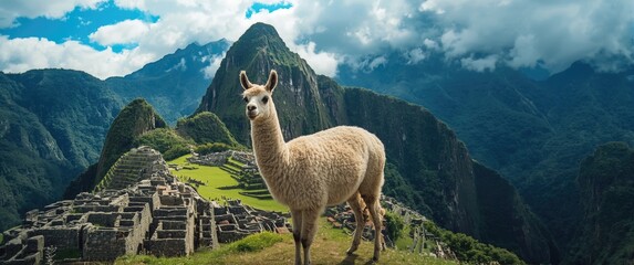 Fototapeta premium Llama Grazing on Inca Ruins at Machu Picchu with Lush Mountains in Background