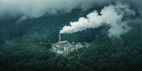 Obraz premium Industrial Factory Emitting Smoke Surrounded by Lush Green Forest Under Overcast Sky