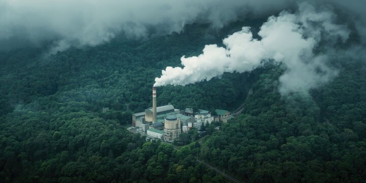 Industrial Factory Emitting Smoke Surrounded by Lush Green Forest Under Overcast Sky