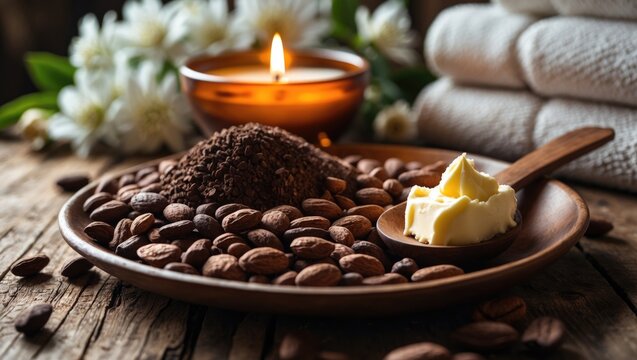 Shea nuts and shea butter resting on a spoon in a natural setting.