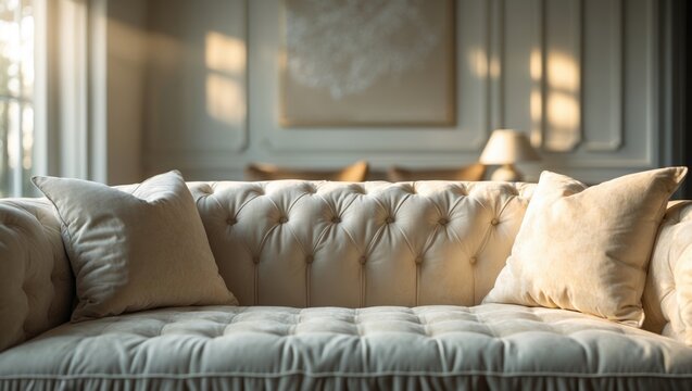 Interior design featuring a sofa in the living room with gentle tones.
