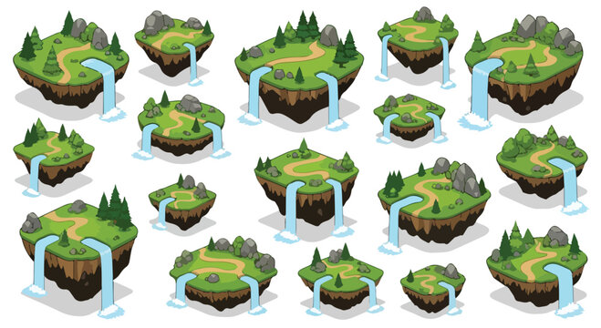 Isometric floating islands vector set, fantasy game landscape elements with waterfalls and forest paths, 16 3D map tiles for mobile gaming