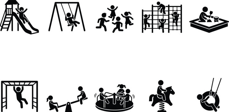 Playground pictograms a collection of black silhouette icons depicting children's recreational activities and equipment
