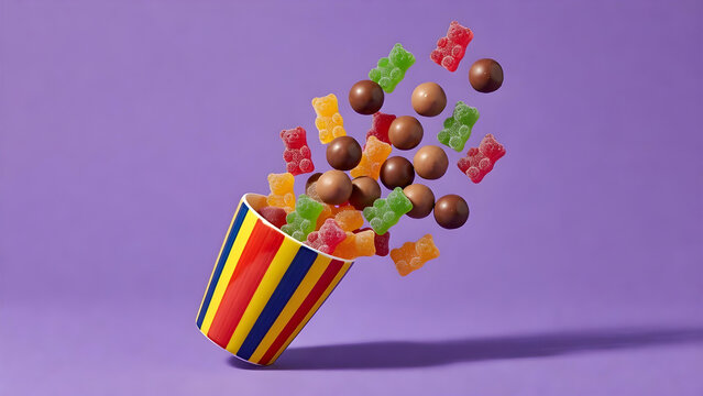 Spilling gummy candy and round chocolates from a striped cup onto a solid purple background