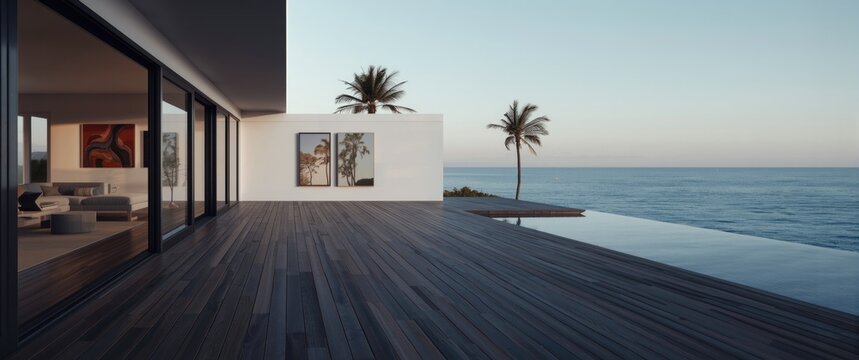 modern coastal house deck with empty terrace floor and white wall near living room