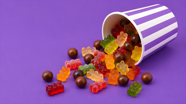 Gummy candy and round chocolates spilling from a striped cup onto a solid purple background.