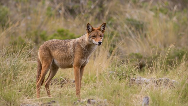 Andean Fox Standing in Tall Grass - Natural Habitat, Soft Lighting, Mid-Frame