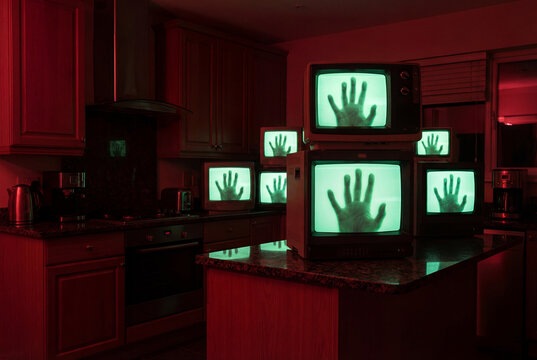 Surreal horror scene inside a dark kitchen illuminated by eerie red ambient light where multiple stacked vintage televisions display a creepy hand silhouette on green screen