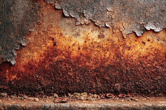 Rusty metal surface texture, corroded orange-brown oxidation patterns, peeling layers and scratches