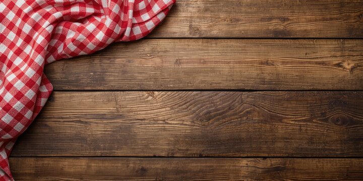 Red and White Checkered Tablecloth on Wooden Table Surface