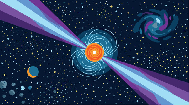Abstract deep space illustration featuring a glowing neutron star or pulsar emitting powerful energy beams, surrounded by galaxies, planets, and a star-filled cosmic background in a vibrant vector sty
