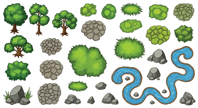 Cartoon nature landscape elements set, green trees and bushes vector collection, river and rocks map assets for game design and illustration