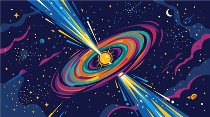 Colorful abstract cosmic vortex with glowing planet, vibrant orbital rings, stars, and energy beams in deep space. Futuristic vector illustration for science fiction and astronomy themes. © AI illustration 