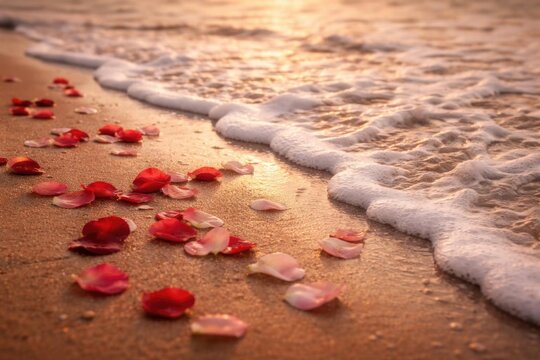 Rose Petals Scattered on a Beach Shoreline with Gentle Waves at Sunset