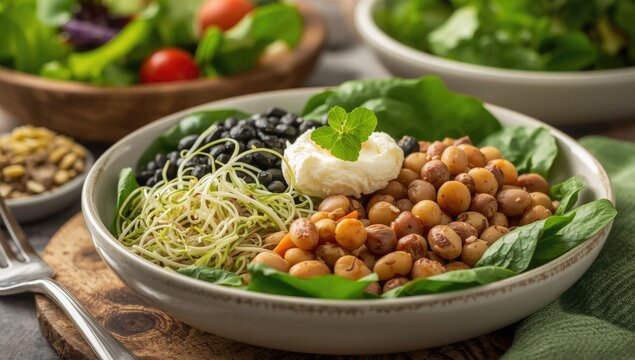 Healthy Salad Bowl with Spinach Chickpeas Black Beans and Sprouts
