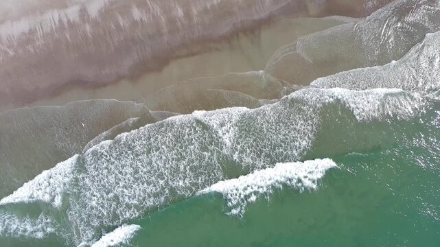 20 second aerial footage from a drone looking down on waves gently washing up on a sandy beach, in the summer, as a bird flies through the frame. 