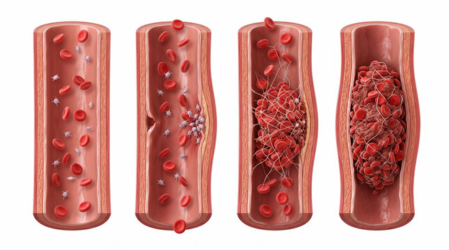 Medical Illustration Showing the Progressive Formation of a Blood Clot and Arterial Plaque Buildup in a Human Vein