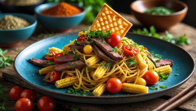 Spaghetti served with soy sauce and a corncob in a bowl
