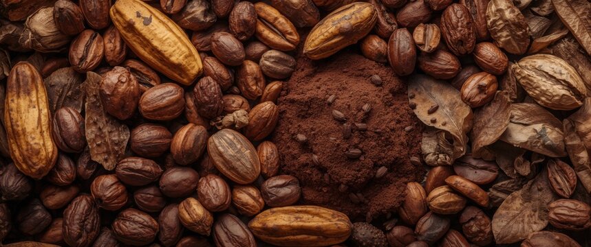 Cocoa Beans and Coffee Grounds Surrounded by Natural Elements in Warm Earthy Tones